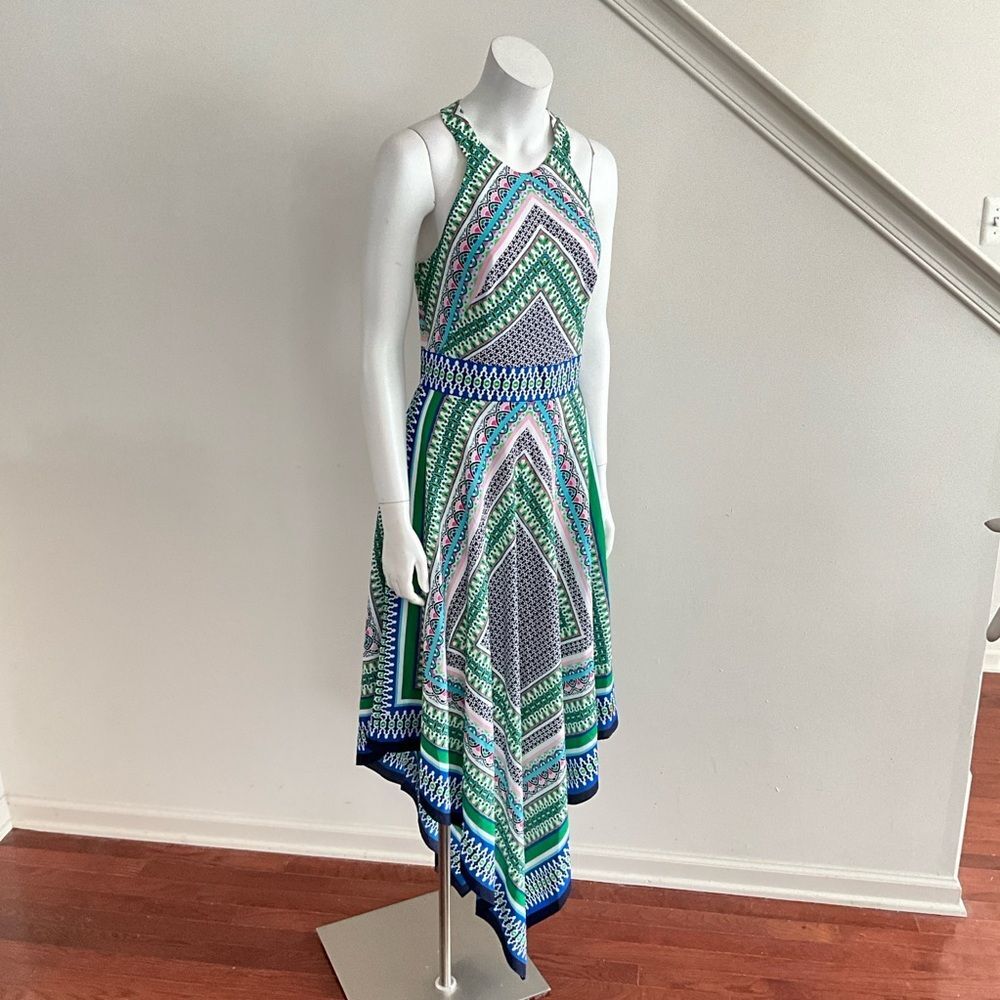 Eliza J Halter Handkerchief Hem Scarf Print Dress Green 8 - Picture 12 of 12